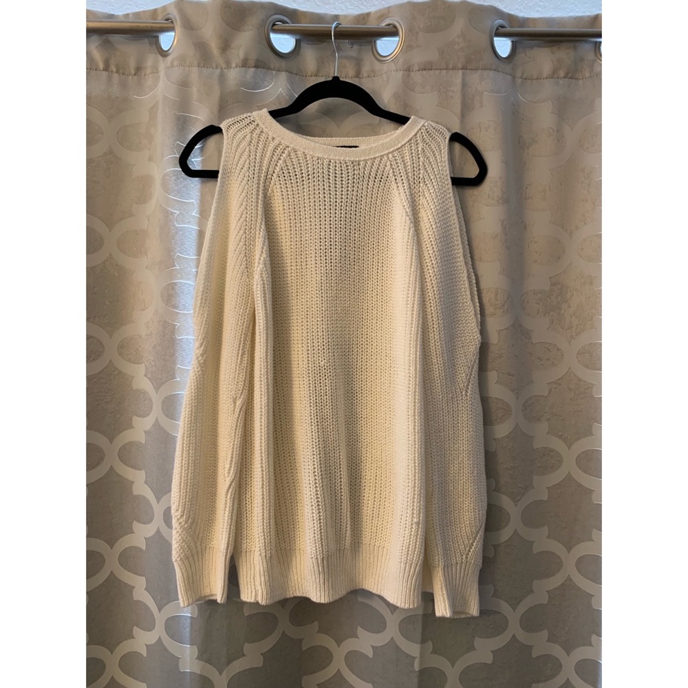 Fate Cream Color Cold Shoulder Sweater Open Back Soft Flirty High Neck Knit